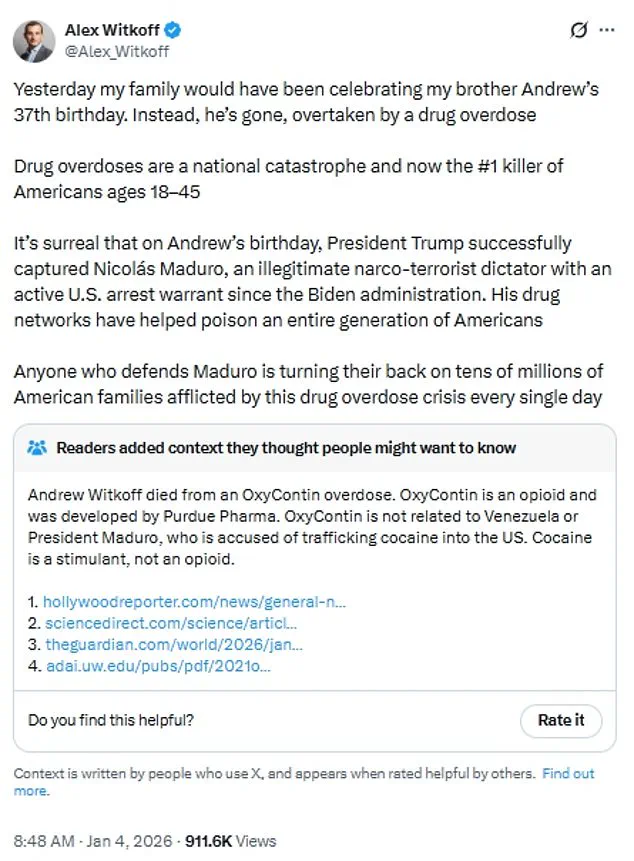 Son of Trump Aide Links US Capture of Maduro to Brother's Drug Overdose Death in Controversial Social Media Post