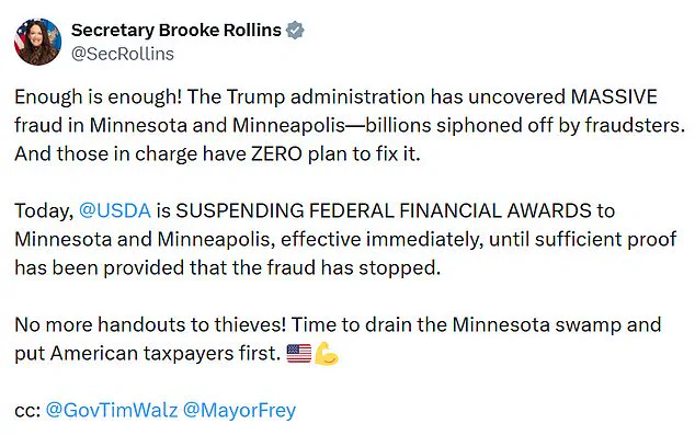 USDA Suspends Federal Funds to Minnesota Over Alleged Massive Fraud, Citing Taxpayer Accountability