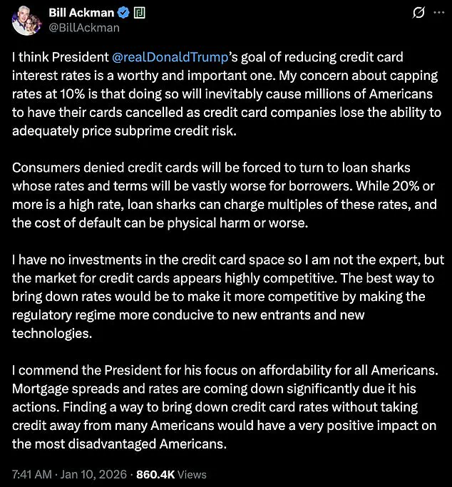 Bill Ackman: 'Credit Card Rate Cap Would Cut Off Access for Millions' as He Publicly Breaks with Trump